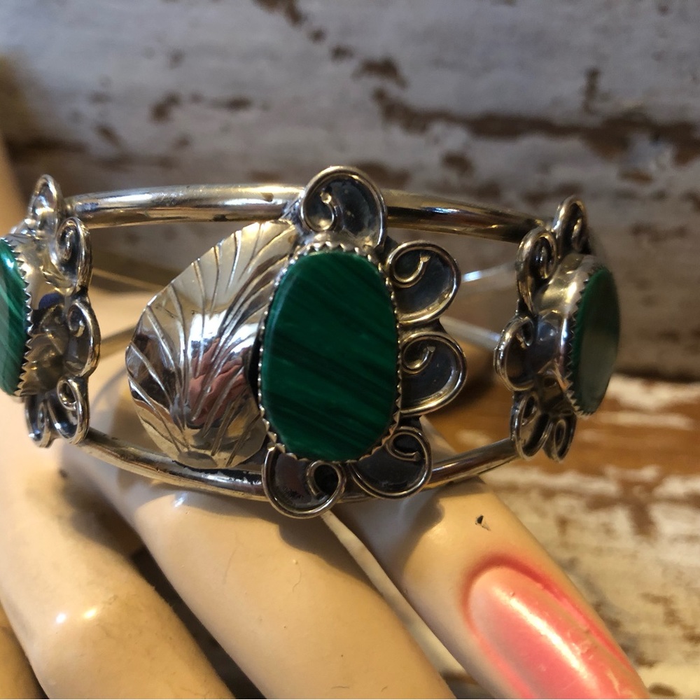 Vintage Southwestern Cuff Bracelet Three Malachite Blossoms